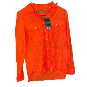 NWT Lauren Ralph Lauren silk blend long sleeve button down blouse coral XS